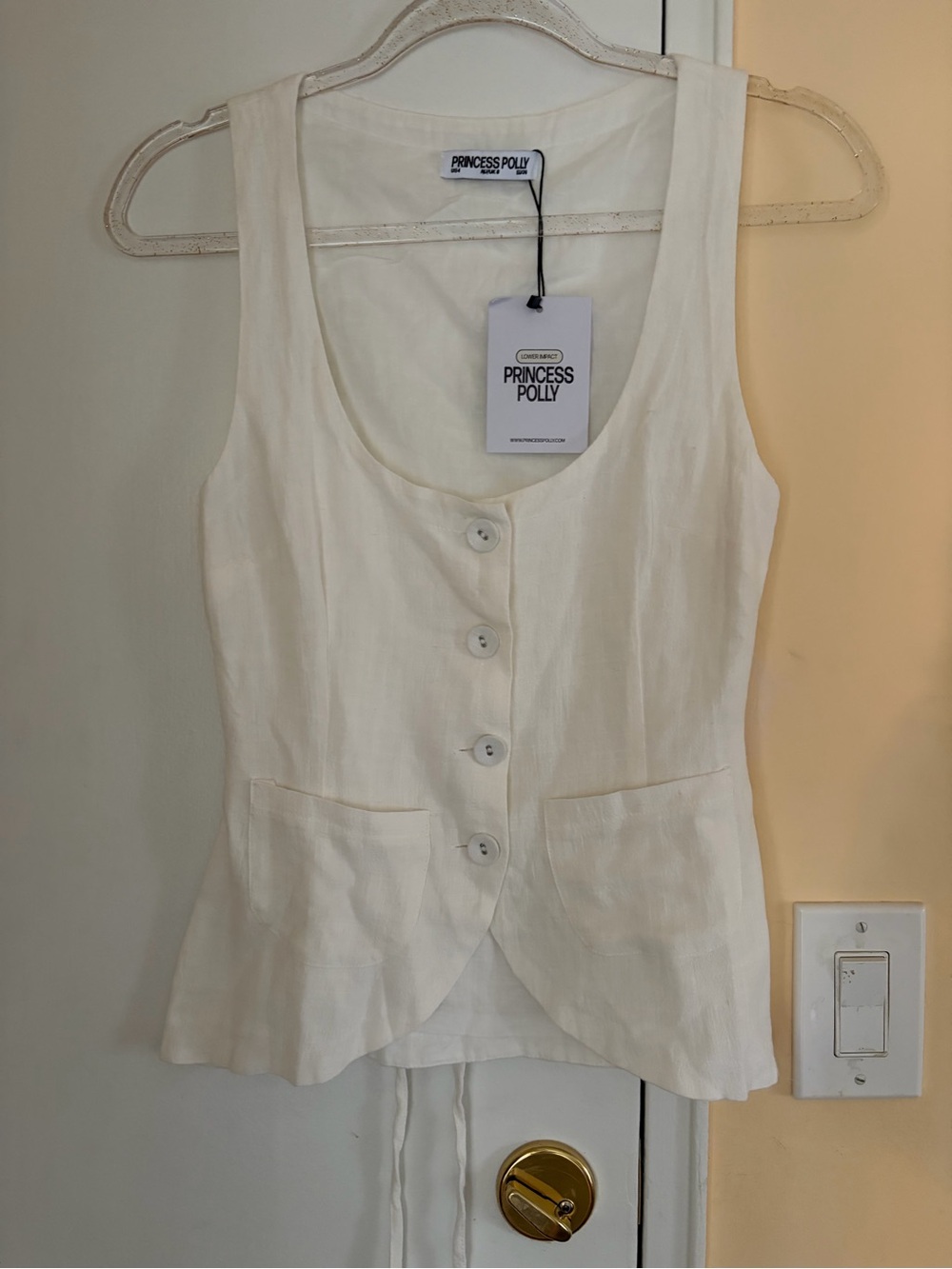 Princess Polly Cream Button-Front Linen Tank